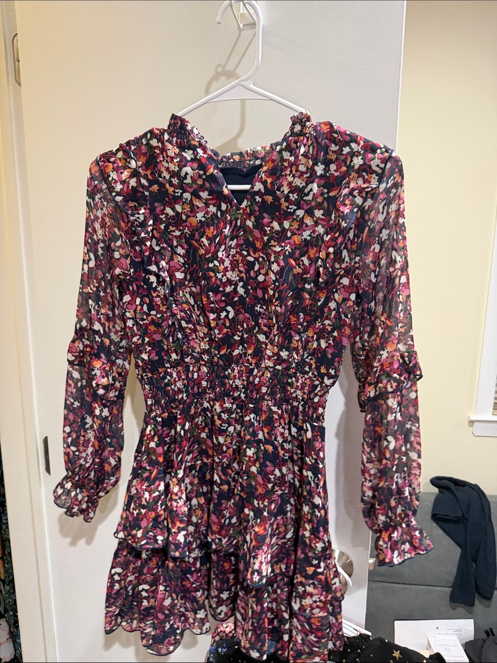 Floral Ruffle Long-Sleeve Mini Dress - Multi Pink